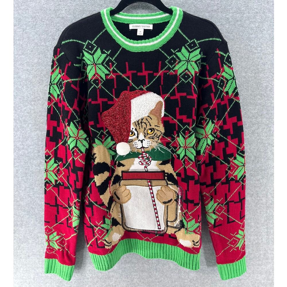 Celebrate Together Men's sz M Cat Ugly Tacky Christmas Sweater Holiday
